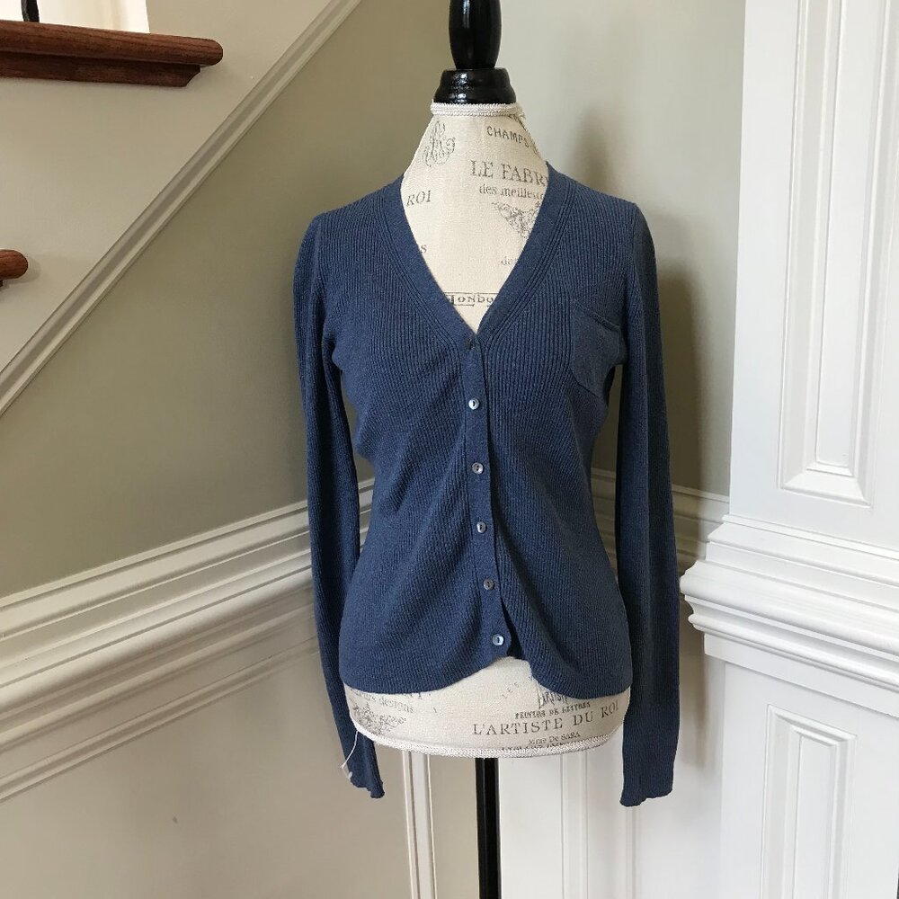 Xirena Ribbed Knit Cardigan Sweater Top Shirt Womens Large Blue Cashmere Cotton